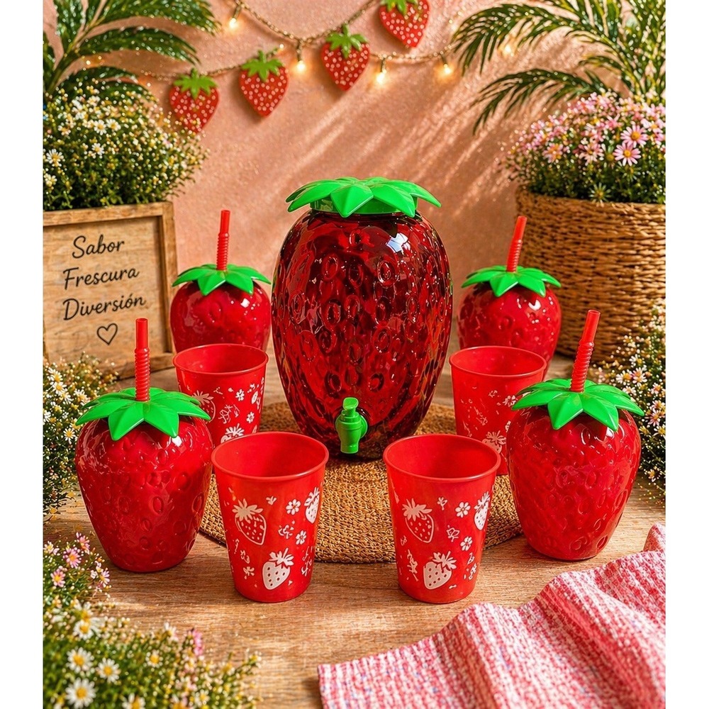 Set Strawberry Shaped Tumbler with Straw and Strawberry Decor Summer Party